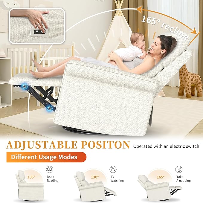 Power Swivel Rocker Recliner Chair for Nursery, Upholstered Snowflake Velvet 270°Swivel Glider Rocker Chair with USB Ports, Small Power Recliners for Small Spaces Living Room