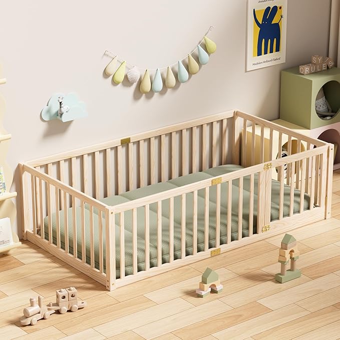 LLS Twin Size High Fence Floor Bed, Solid Wood Multifunctional Montessori Bed Frame with Door for Toddler Kids, Without Slats, Natural