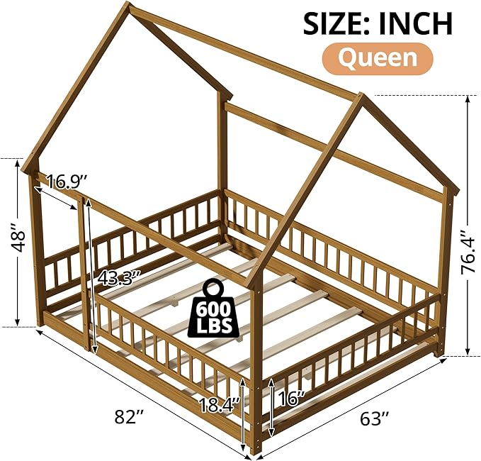 LLS Queen Size Montessori Floor Bed Frame with Slats and Fence, Wooden House Bed for Boys Girls Bedroom, Light Espresso