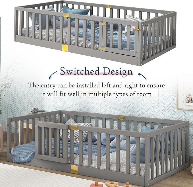 Tatub Twin Montessori Floor Bed with High Rails, Solid Wood Montessori Bed Frame for Kids, Door Can Install Left and Right, Twin-Grey