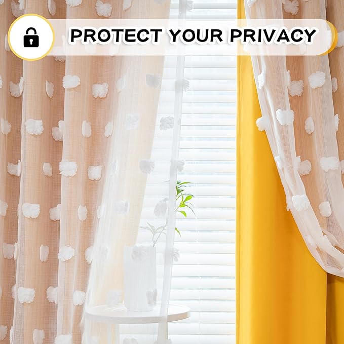 MYSKY HOME Nursery Curtains Yellow Double Layer Curtains for Bedroom 63 Inch Long Curtains for Kids Room Kithen White Pom Pom Sheer Grommet Room Darkening Window Curtains 2 Panels Set, 52 x 63 Inch