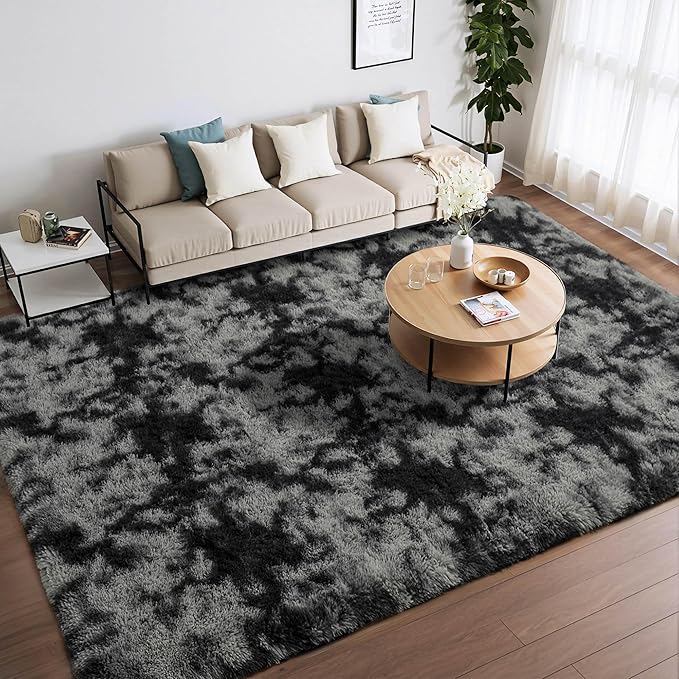 Merelax Soft Area Rugs for Livingroom Bedroom, Shaggy Plush Fuzzy Fluffy Carpet Furry Fur Rug, Modern Indoor Comfy Nursery Kids Dorm Home Decor Floor Mat, 8 x 10 ft, Tie-Dyed Black & Grey