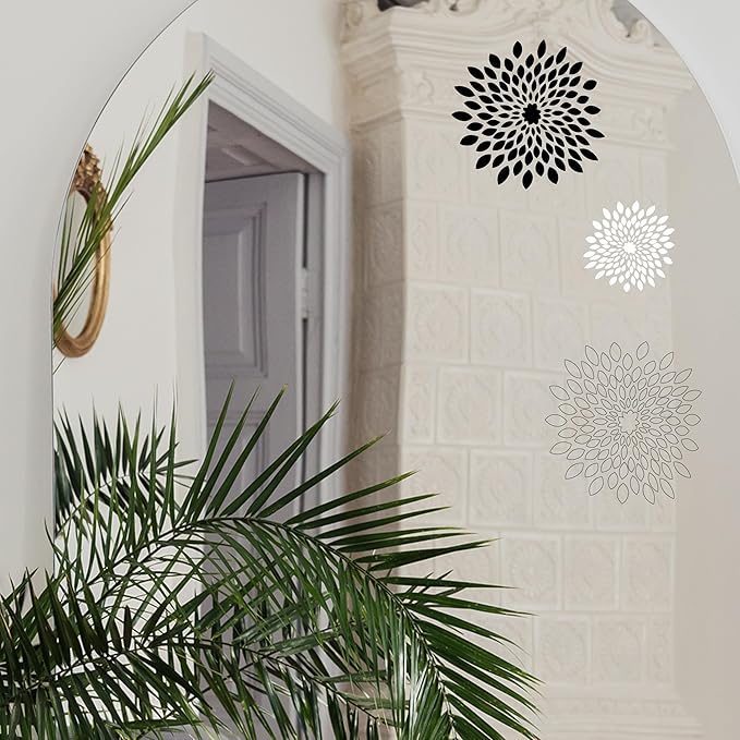 Black White Floral Mirror Wall Decals - Set of 7 Vinyl Flower Stickers Peel and Stick for Kids Teens Bedroom Living Room Office Bathroom Wall Decor