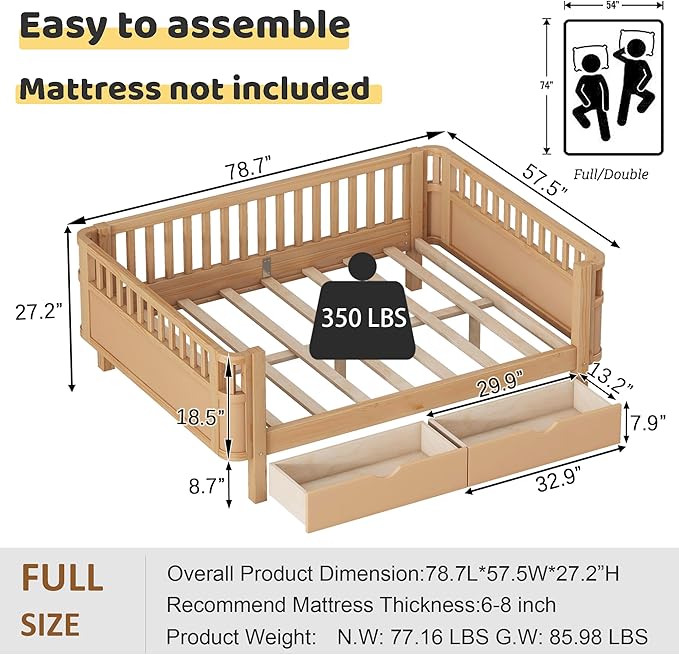 Full Size Kids Bed Frame with Rails, Wood Montessori Bed Full with 2 Storage Drawers &Slats Support, Modern Daybed with Removable Bed Rails for Girls Boys Bedroom Living Room, Natural