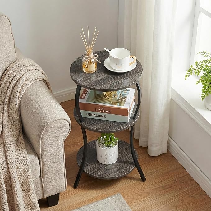 Vintage Small Round Side Table, 3-Tier Slim Waist Circular End Table with Storage Shelf, Compact Tea Sofa Side Table, Round Corner Coffee Table Nightstand for Living Room Bedroom Small Spaces,Grey
