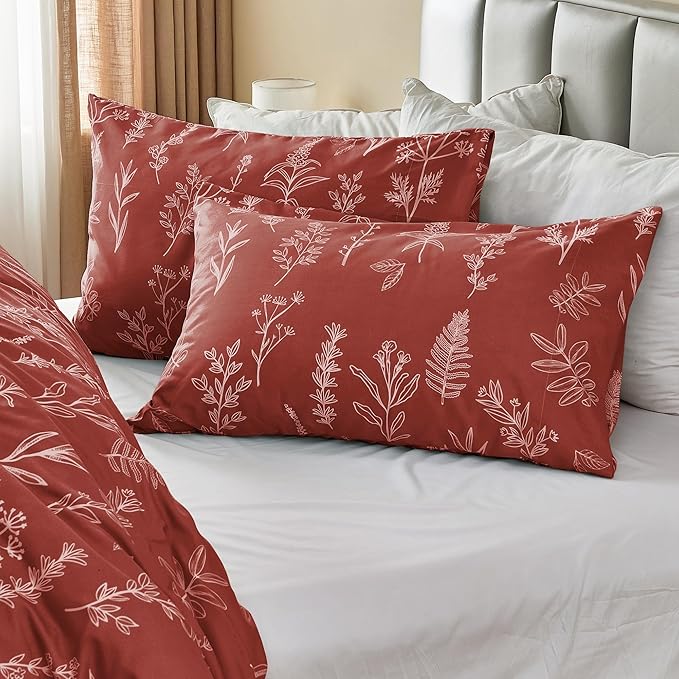 MUXHOMO Duvet Cover Full Size, Reversible Floral Terracotta Duvet Cover Set with Zipper Closure, 3 Pieces Botanical Patterns Soft Microfiber Bedding Set with 4 Ties (80"x90", 2 Pillow Cases)