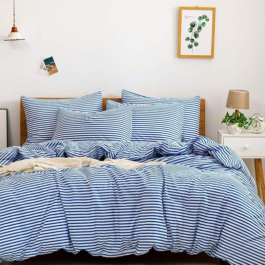 JELLYMONI 100% Natural Cotton 3pcs Striped Duvet Cover Sets,White Duvet Cover with Blue Stripes Pattern Printed Comforter Cover,with Zipper Closure & Corner Ties(Full Size)