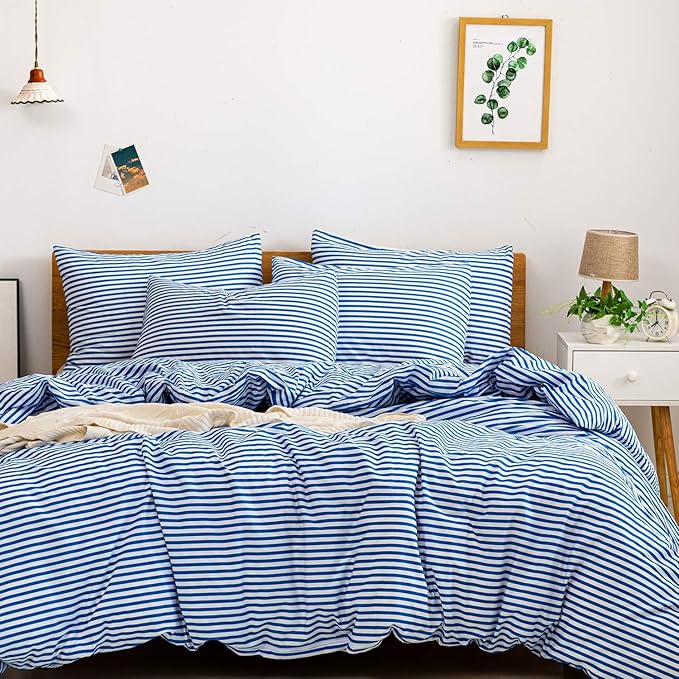 JELLYMONI 100% Natural Cotton 2pcs Striped Duvet Cover Sets,White Duvet Cover with Blue Stripes Pattern Printed Comforter Cover,with Zipper Closure & Corner Ties(Twin Size)