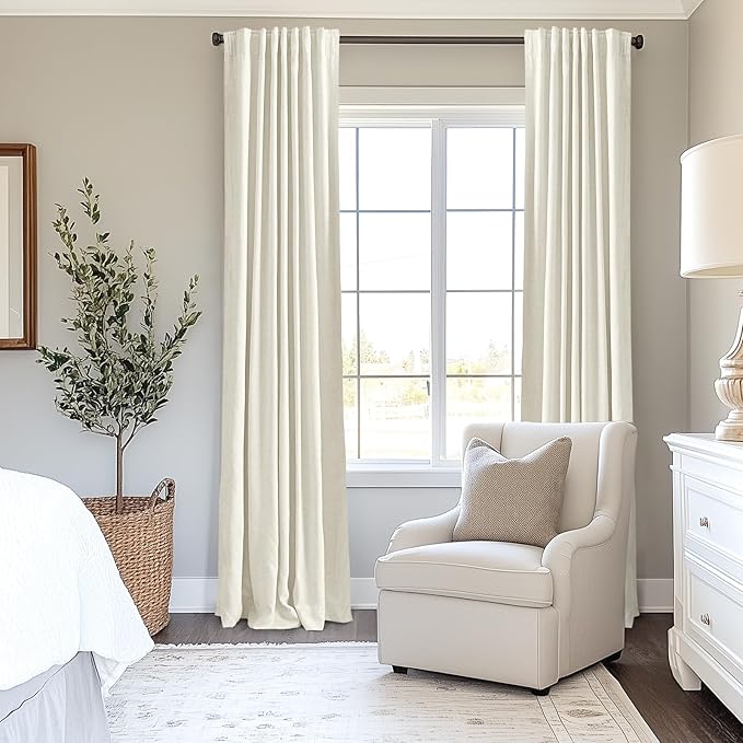 INOVADAY 100% Blackout Curtains for Bedroom, Black Out Curtains 108 Inch Long, Clip Rings Linen Blackout Drapes, Thermal Insulated Room Darkening for Living Room, 2 Panels - Lightcream,W50xL108