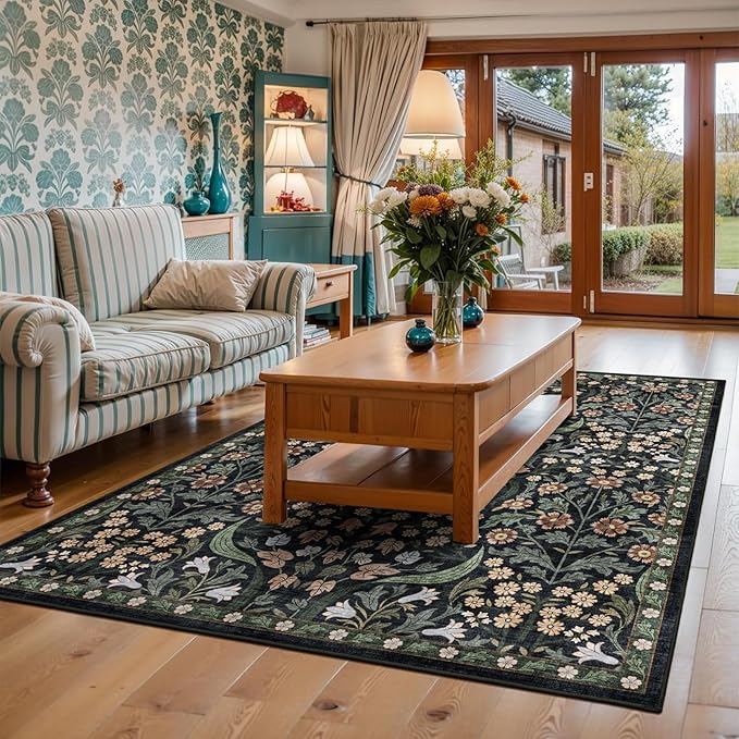 5x7 Washable Area Rug for Living Room, Floral Non-Slip Non-Shedding & Easy Care, Soft Low Pile Forest Boho Indoor Floor Carpet for Living Room, Bedroom, Farmhouse, Dining Room, Kids Playroom, Black