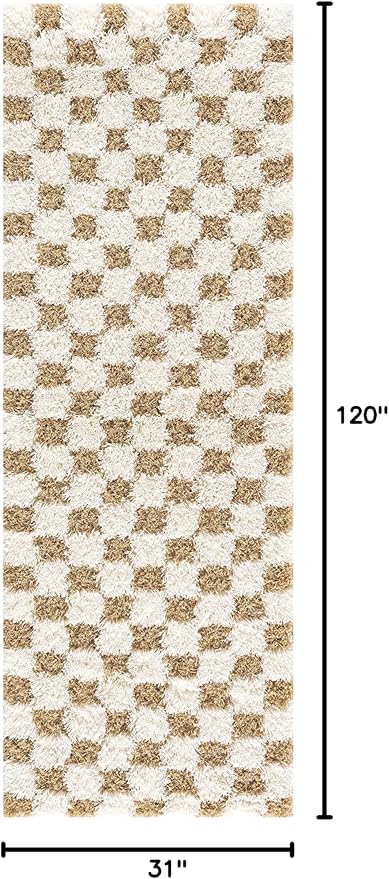 Hauteloom Atira Contemporary Checkered Fluffy Shag Runner Rug - Modern Geometric Carpet Tiles for Hallway, Kids Room - Plush Pile Carpet Squares - Light Mustard,Cream - 2'7" x 10'