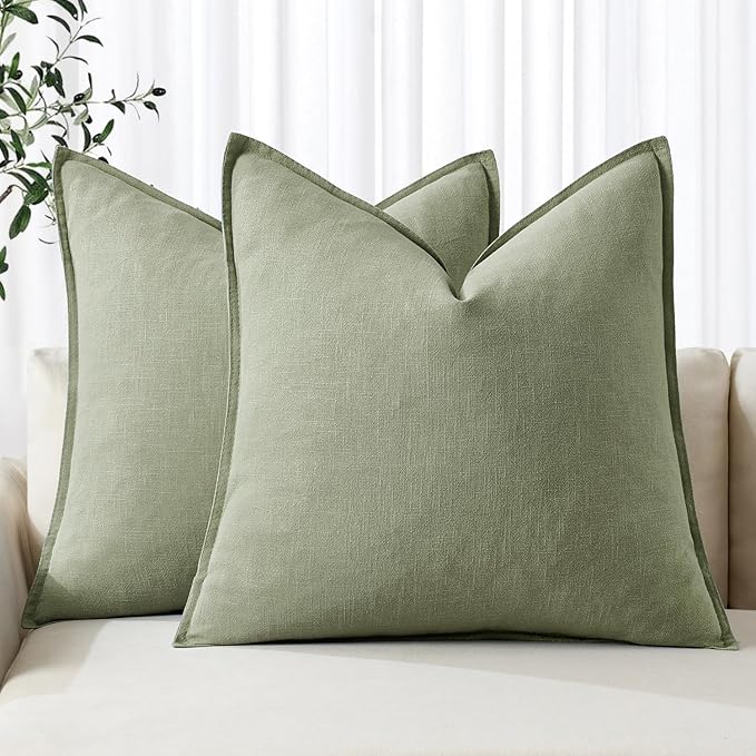 MIULEE Decorative Linen Euro Sham Pillow Covers 22x22 Inch Sage Green Boho Farmhouse Neutral Couch Throw Pillows for Bed Pack of 2 Accent Modern Pillowcase Summer Sofa Livingroom Home Decor