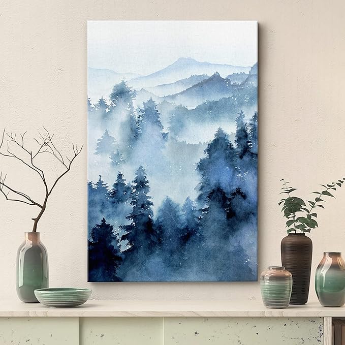 SIGNWIN Canvas Print Wall Art Woodland Nursery Decor Blue Winter Mist Pastel Mountain Forest Nature Illustrations Modern Art Decorative Landscape Colorful for Living Room, Bedroom, Office - 12"x18"