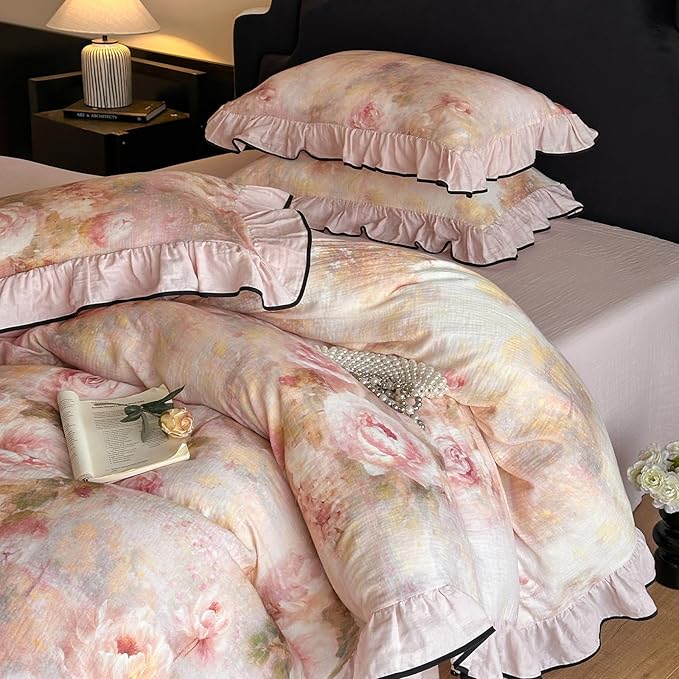 HighBuy Rose Floral Duvet Cover Twin Size,Linen Cotton Soft Coquette Ruffle Flower Bedding Duvet Cover Set,Jacquard Yarn-Dyed Shabby Chic Farmhouse Duvet Cover and Pillow Shams,Pink - Twin