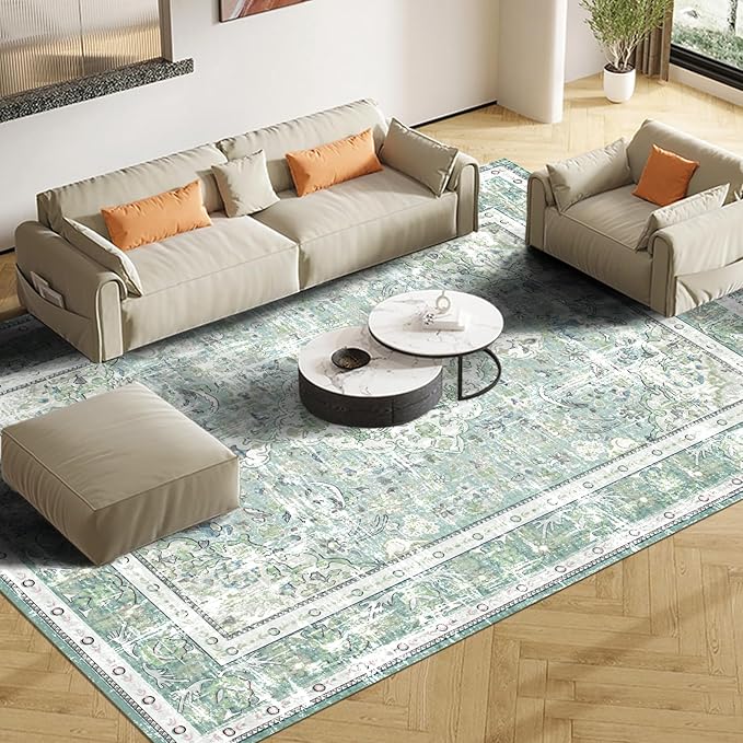 Vhong Boho Area Rugs Washable Vintage Modern Neutral Large Carpet Sage Green 5×7 High Traffic Rugs for Dinning Room Living Room Bedroom Farmhouse Non Slip