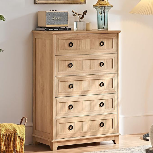 Farmhouse 5 Drawer Dresser for Bedroom, 42" Tall Small Dressers & Chest of Drawers, Rustic Wood Dresser with Metal Handle, Storage Organizer Closet for Living Room, Hallway, Entryway