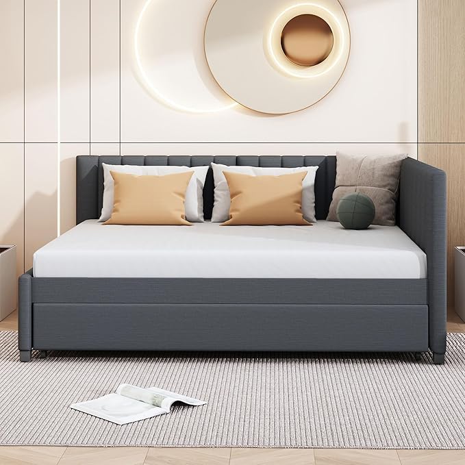 Harper & Bright Designs Full Size Upholstered Daybed with Trundle Sofa Bed Frame for Boys Girls Kids Adults Toddler No Box Spring Needed, Linen Fabric(Gray)
