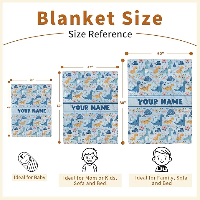 Personalized Baby Blankets for Boys Girls, Custom Baby Blanket with Name, Receiving Swaddle Blanket Suitable for Infants & Toddler, Nursery Newborn Baby Crib, Dino(60" x80)