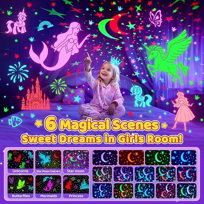 Onefire Christmas Gifts for Girls, 6 Films Light Projector Unicorn Toys for Girls Age 4-6, Rechargeable Night Lights for Bedroom, 360° Rotating Butterfly Decor Mermaid Gifts Princess Baby ToddlerToys