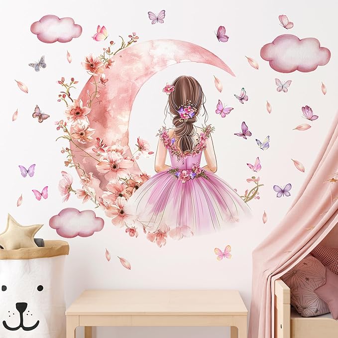 2 Sheets Pink Butterfly Girl Wall Decal - Removable DIY Moon Cloud Wall Decal Vinyl Pink Flower Princess Room Art for Girls Baby Nursery Bedroom Living Room Bathroom Classroom Decoration