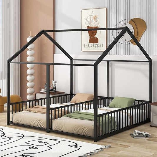 Harper & Bright Designs Metal Twin Size House Platform Bed Frame for Boys Girls Kids Adults Toddler, Two Shared Beds, Black