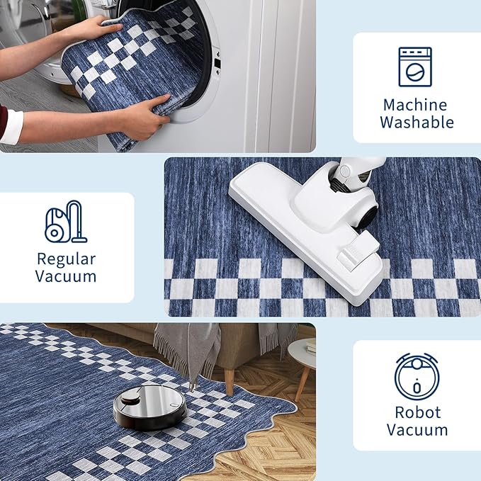 GarveeHome 4x6 Area Rug Small Washable Living Room Rug Scalloped Rug with Rubber Backing Stain Resistant Low Pile Dining Room Throw Carpet Modern Bordered Mat for Bedroom Kitchen, Blue