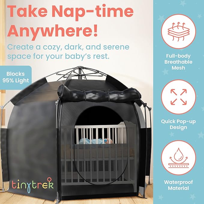 TinyTrek Baby Crib Tent - Breathable Crib Canopy Blackout Tent w/Hanging Toy, Travel Bag for Toddler Blackout Pack N Play Cover - On The Go Dome, Safety Baby Camping Kid Sleep Pod for Indoor Outdoor