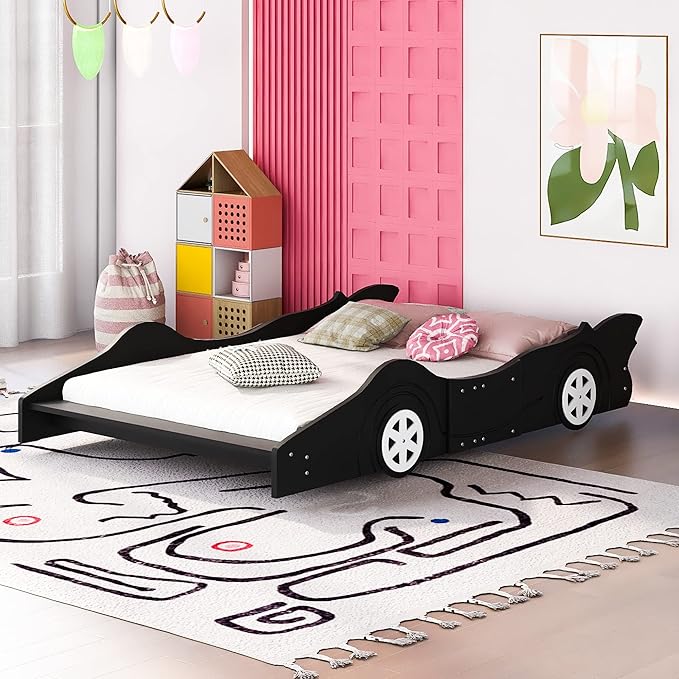 Full Size Race Car-Shaped Platform Bed Bedframe with Wheels, 87.4" L x 55.3" W x 16.1" H Black