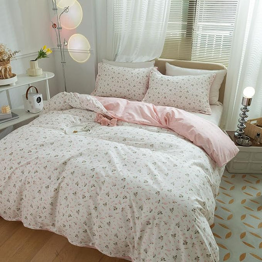 Pink Flower Duvet Cover Full Size Girls Cottage Floral Duvet Cover with 2 Pillowcases Soft 100% Cotton Flower Bedding Set Full Vintage Floral Comforter Cover with Zipper Closure for Girls Women