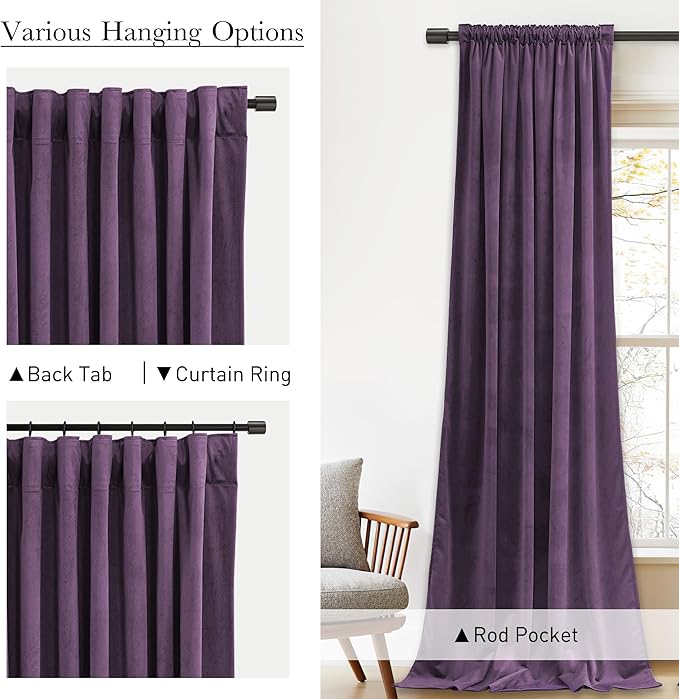 StangH Lavender Velvet Curtains 96 Inches Long, Room Darkening Soft Drapes for Bedroom, Thermal Insulated Window Treatment for Living Room, Rod Pocket Back Tab, W52xL96 inch, 2 Panels