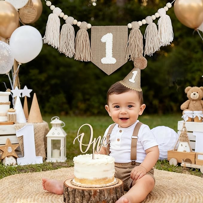 1st Birthday Decorations Boys High Chair Banner With One Cake Topper Brown Conical Hat For First Party