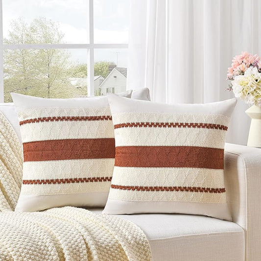 Fancy Homi Set of 2 Rust Boho Big Decorative Throw Pillow Covers 24x24 Inch for Couch Bed Sofa, Aesthetic Modern Organic Fall Room Decor, Soft Cotton Terracotta Textured Farmhouse Cushion Case