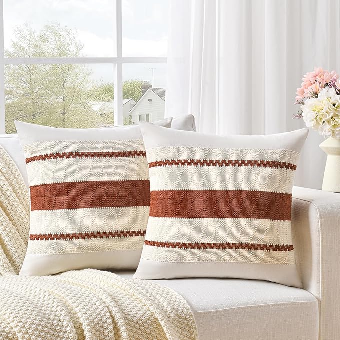 Fancy Homi Set of 2 Rust Boho Decorative Throw Pillow Covers 22x22 Inch for Couch Bed Sofa, Aesthetic Modern Organic Fall Room Decor, Soft Cotton Cute Terracotta Textured Farmhouse Cushion Case