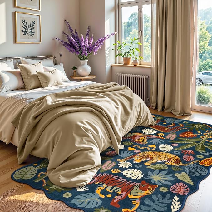 LEEVAN 5x7 Animal Area Rugs Washable Blue Tiger Living Room Rugs Non Slip Scalloped Tiger Bedroom Rug Low Pile Leopard Nursery Floor Carpet Jungle Leaf Print Kids Rug