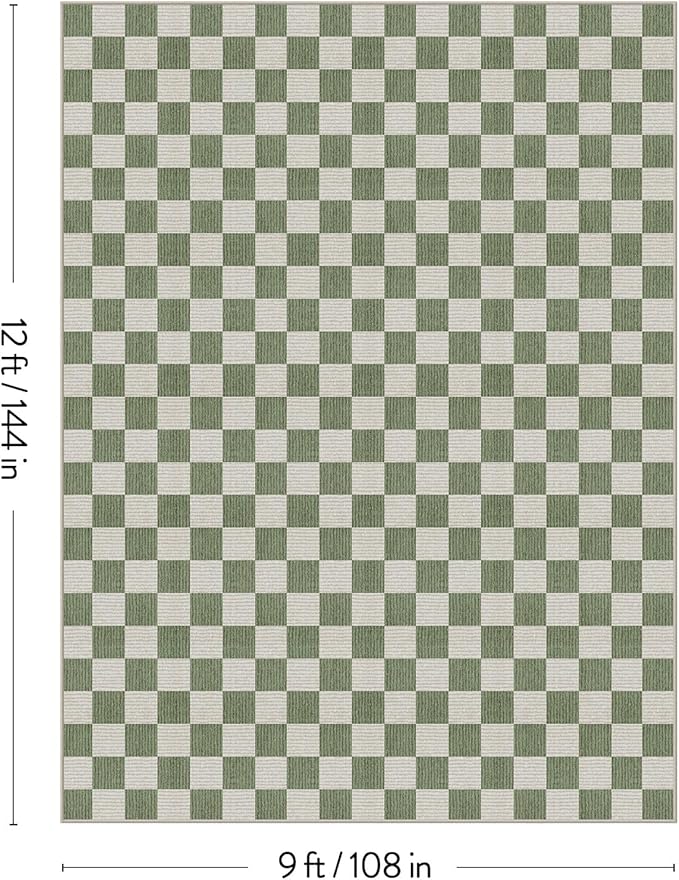 LIVEBOX 9x12 Area Rugs for Living Room, Checkered Non-Slip Washable Rugs, Farmhouse Neutral Classic Geometric Large Boys Area Rug for Bedroom, Carpet for Living Dining Room Office(Sage Green,9'x12')