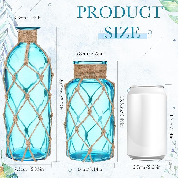 Chuangdi Set of 2 Coastal Glass Vases for Flower Small Flower Vase with Boho Rope Wrapping Beach Decorative Bottle for Coastal Nautical Table Centerpiece Wedding Floral Arrangement Decor(Aqua Blue)