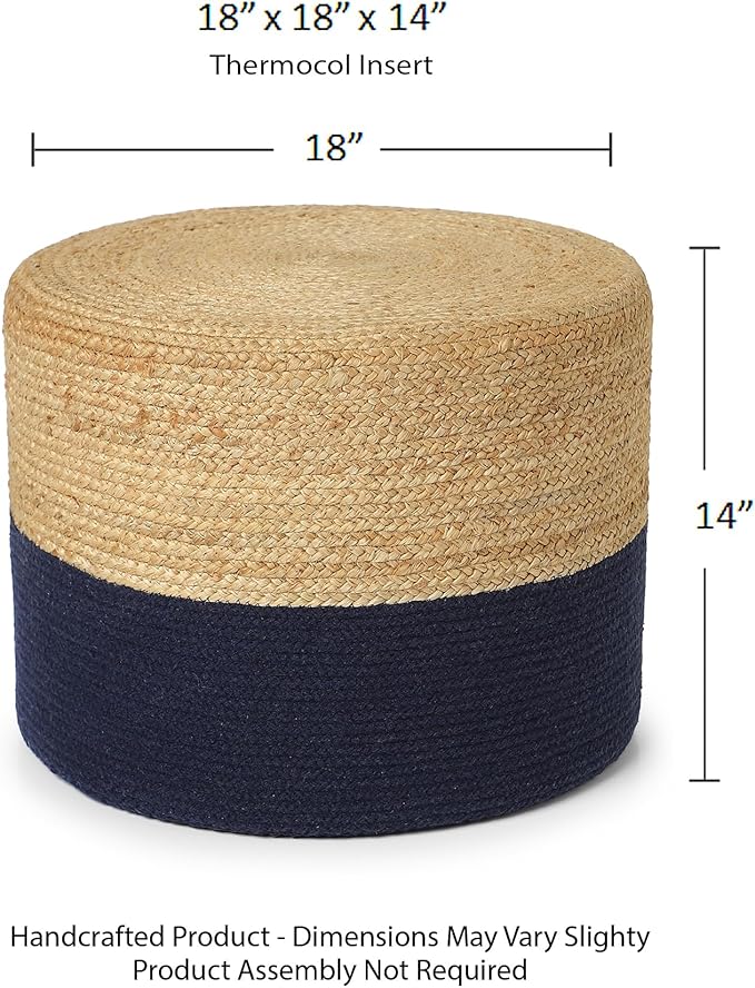 REDEARTH · Cylindrical Pouf Foot Stool Ottoman - Jute Braided Pouffe Poof Accent Sitting Footrest for Living Room, Bedroom, Nursery, Patio, Lounge & Other Rooms (Navy Natural, 18"X18"X14")