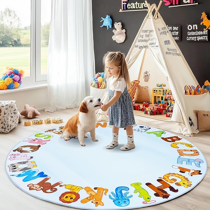 Kids Rugs for Playroom, 4'x4' Round Educational Rug for Learn The ABC Alphabet, Soft Machine Washable Non-Slip Cute Animal Carpet for Classroom Toddler Nursery Kids Room Decor Mat, Blue