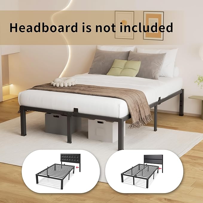 MAF 18 Inch High Queen Bed Frame No Box Spring Needed Heavy Duty Queen Platform Bed Frame Steel Slat Support Noise Free Black Bed Frame Queen Size Easy Assembly