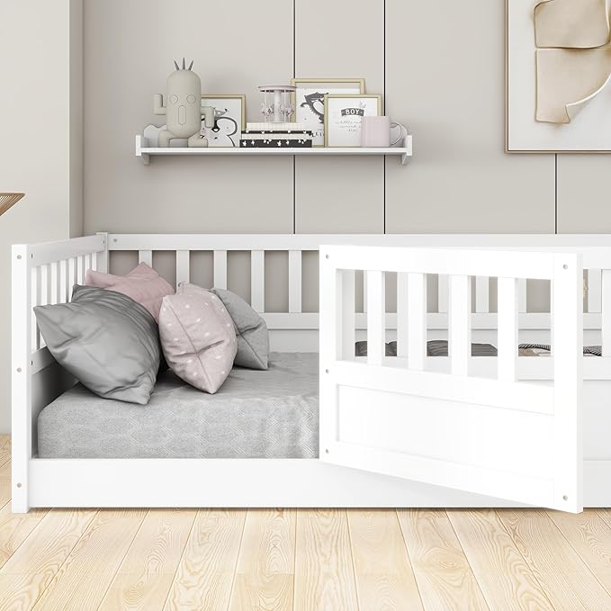 KEIKI Twin Montessori Floor Bed, Kids Floor Bedframe with Fence & Door, Children's Wood Bed for Living Room, White