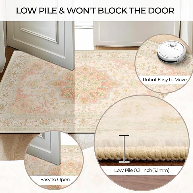 Machine Washable Rugs Nursery Rug 3x5 Cute Girl Non Slip Low Pile Water Repellent Soft Print Pattern for Bedroom Indoor Decor Kids Playroom Pinkgreen