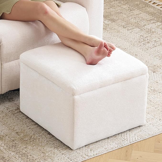 Cube Storage Ottoman, Chenille Ottoman Foot Stools, Ottoman Footstool with Removable Lid, Storage Ottoman for Chair, Multi-Functional Footrest, White