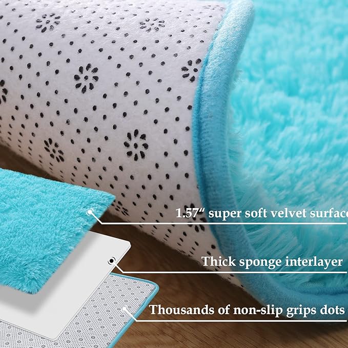 Merelax Modern Soft Fluffy Small Shaggy Rug for Bedroom Livingroom Dorm Kids Room Indoor Home Decorative, Non-Slip Plush Furry Fur Area Rugs Comfy Nursery Accent Floor Carpet 2x3 Feet, Teal