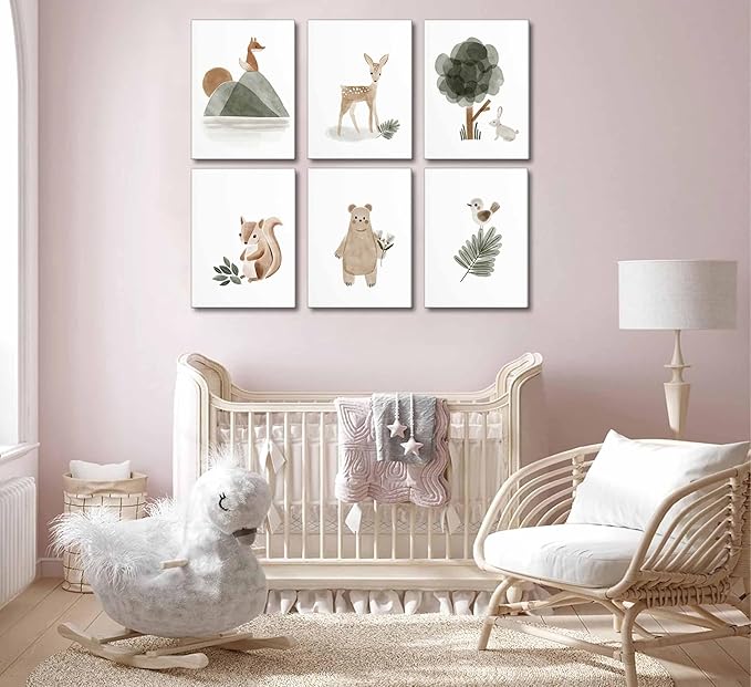 6 Pieces With Woodland Nursery Canvas Wall Art Neutral Sage Green Bohemian Minimalist Forest Animals Paintings Pictures Wall Decor Poster Print Artwork For Kids Room Baby Room Boys Girls Bedroom