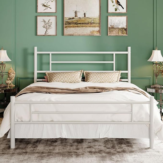 SHA CERLIN 14 Inch Queen Size Metal Bed Frame with Iron-Art Headboard and Footboard,Under Bed Storage Space,Platform Bed with Metal Slats Support,Easy Assembly,Noise Free,No Box Spring Needed,White