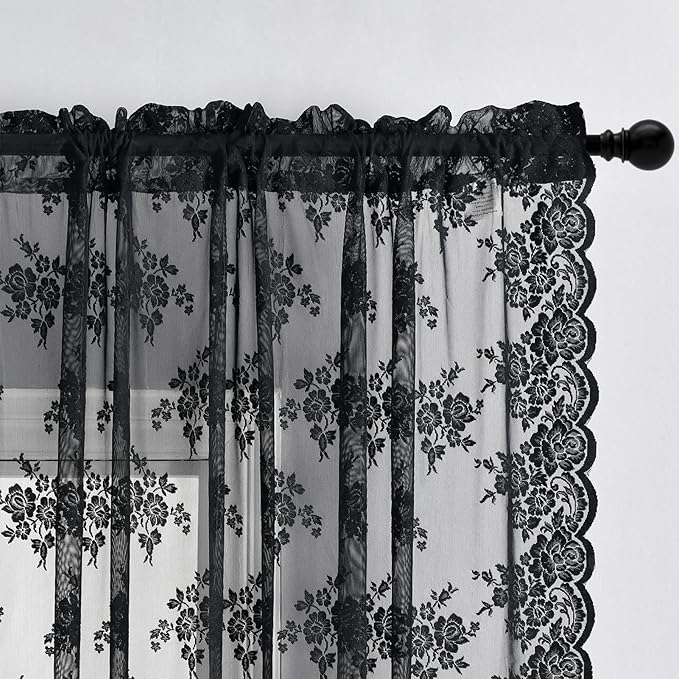 Kotile Black Lace Curtains 102 Inches Long for Living Room, 2 Panels Gothic Black Sheer Curtains Country Rustic Floral Patterned, Rod Pocket Privacy Halloween Goth Window Curtain Drapes, 52 x 102 Inch
