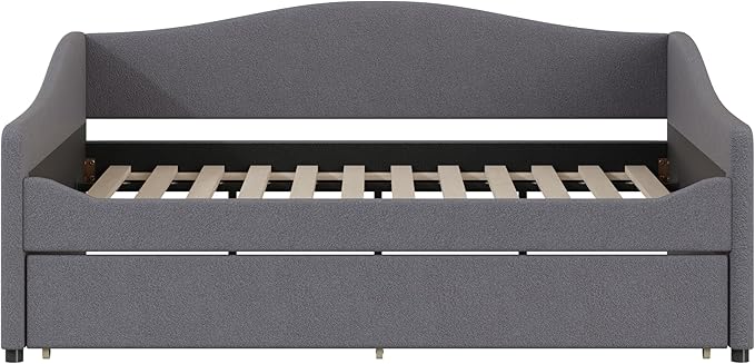 Merax Full Size Upholstered Daybed with Light and Trundle, Gray Teddy Fleece Sofa Bed Modern Wooden Platform Bed Frame for Bedroom, Living Room, Guest Room, Apartment