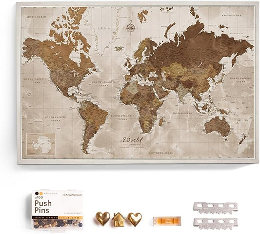 Canvas World Map with Cork Pin Board - English Lettering - Decorative Wall Decoration for All Rooms - Canvas Pictures with World Map Motif (150x100 cm, Pattern 17)