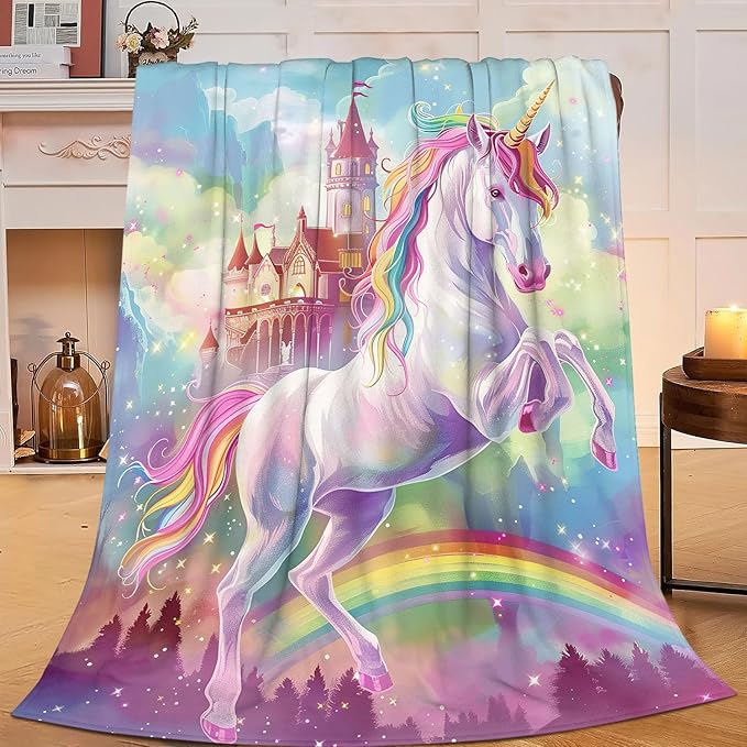 Unicorn Blanket Castle Rainbow Throw Blanket Pink Flannel Stuff Merch Cozy Decor Fleece Soft Plush Fuzzy Warm Lightweight Bedding Unicorn Lover Gifts for Kids Women Girl Boy Couch 60"X50"