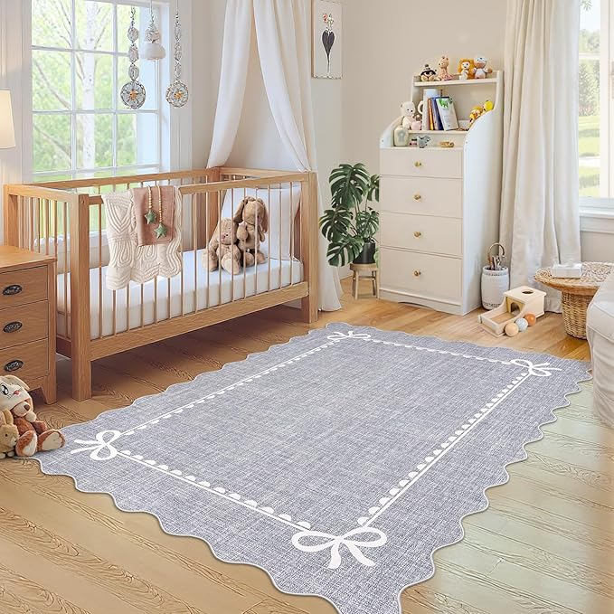 GarveeHome Scalloped Bow Rug for Living Room, Solid Grey Rug for Dorm, Washable Rugs 5x7 Soft Low Pile Non Slip Scalloped Rugs for Nursery College Bedroom Decor Kids Room Playroom